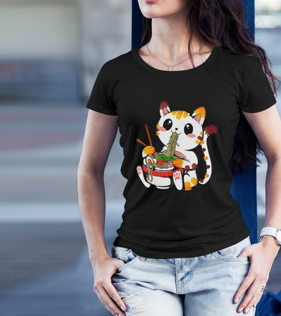 Furia Hiswattson Cat Enjoying Ramen Bowl With Chopsticks T-Shirt