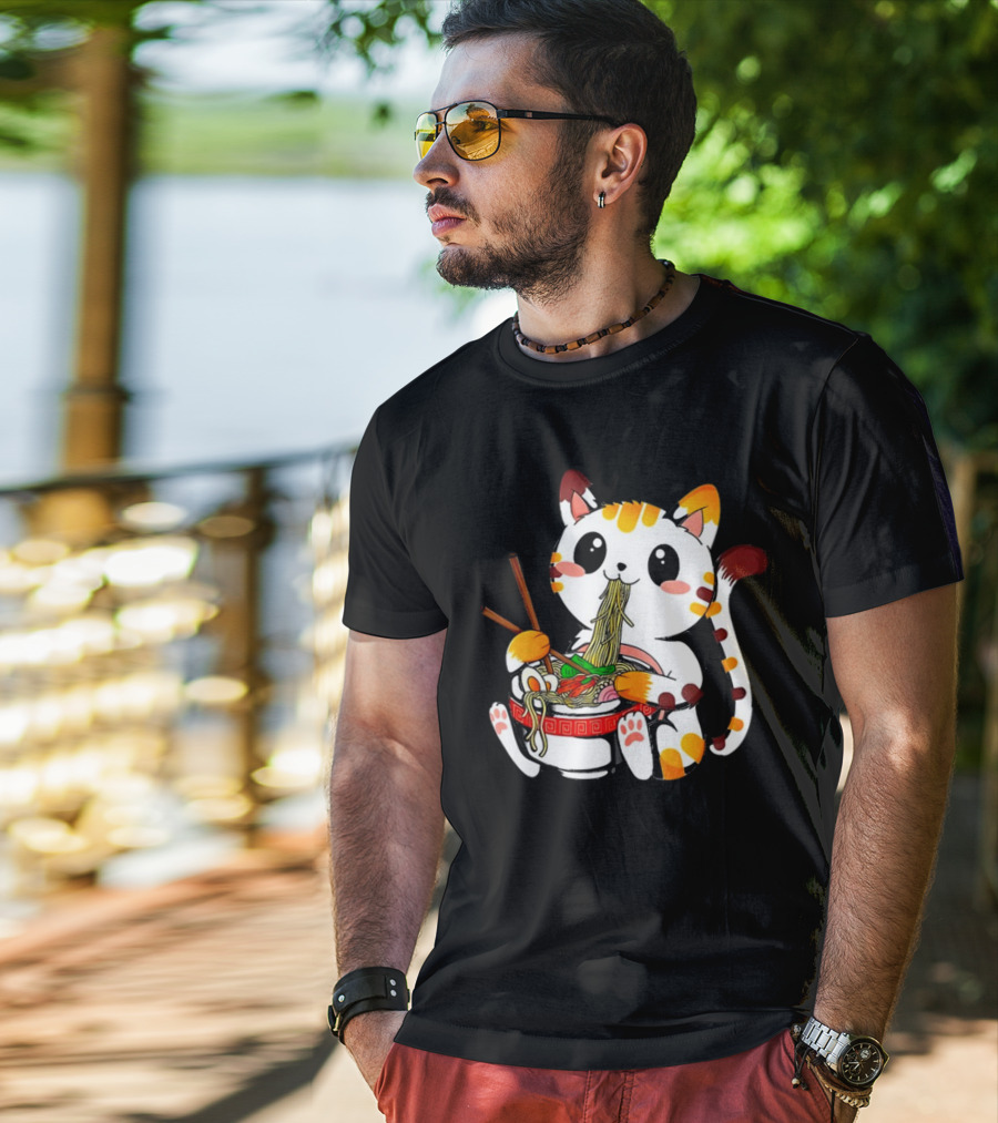 Furia Hiswattson Cat Enjoying Ramen Bowl With Chopsticks T-Shirt
