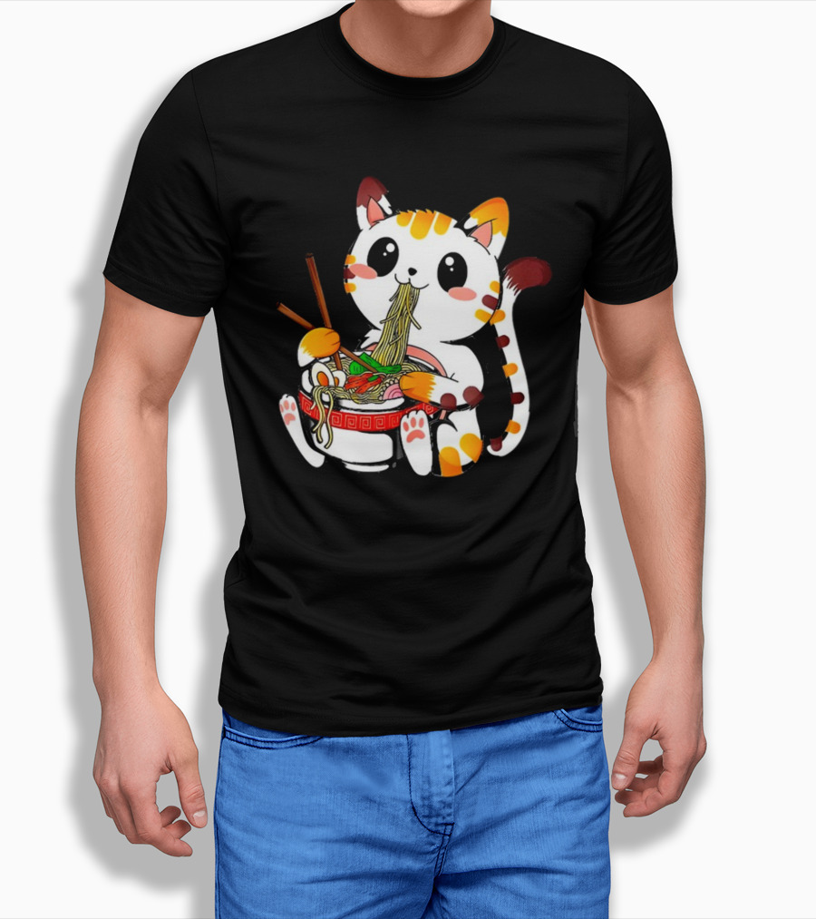 Furia Hiswattson Cat Enjoying Ramen Bowl With Chopsticks T-Shirt