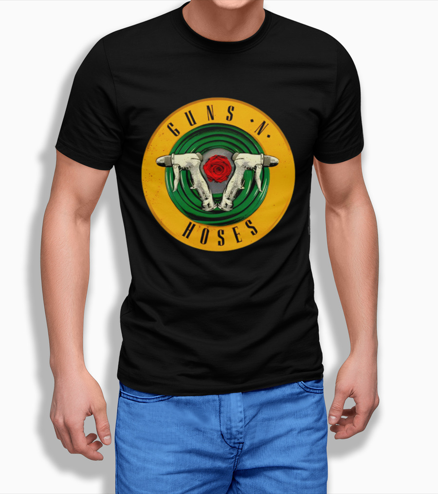 Guns N Hoses Firefighter Hydrant Nozzle Cross With Rose Circle Emblem T-Shirt