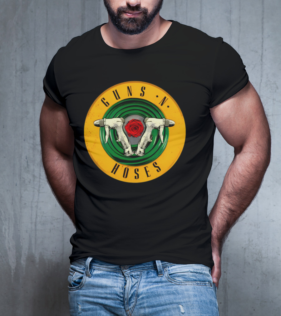 Guns N Hoses Firefighter Hydrant Nozzle Cross With Rose Circle Emblem T-Shirt