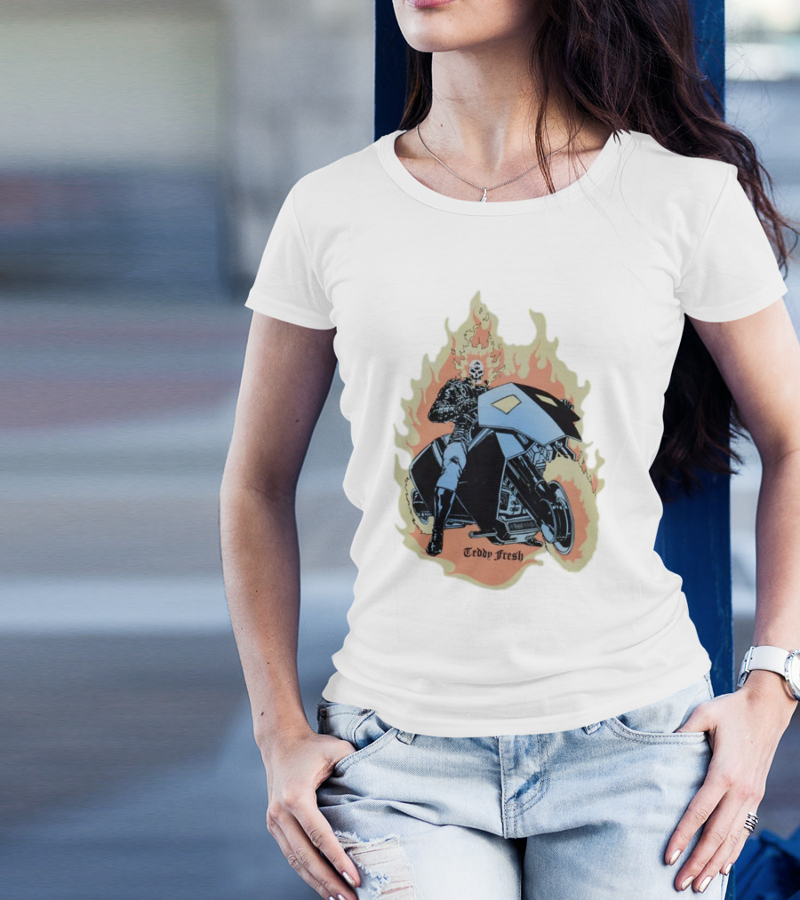 Teddy Fresh Tf X Marvel Ghost Rider Uv Activated Flames Motorcycle T-Shirt