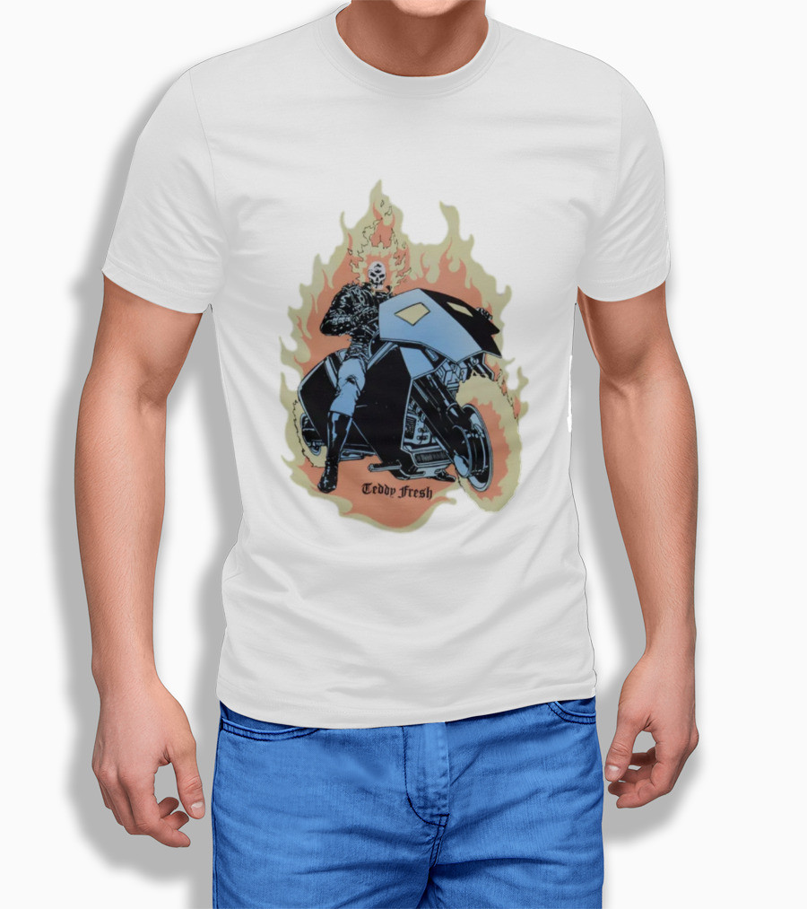 Teddy Fresh Tf X Marvel Ghost Rider Uv Activated Flames Motorcycle T-Shirt