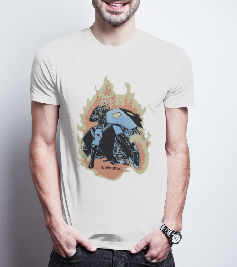 Teddy Fresh Tf X Marvel Ghost Rider Uv Activated Flames Motorcycle T-Shirt