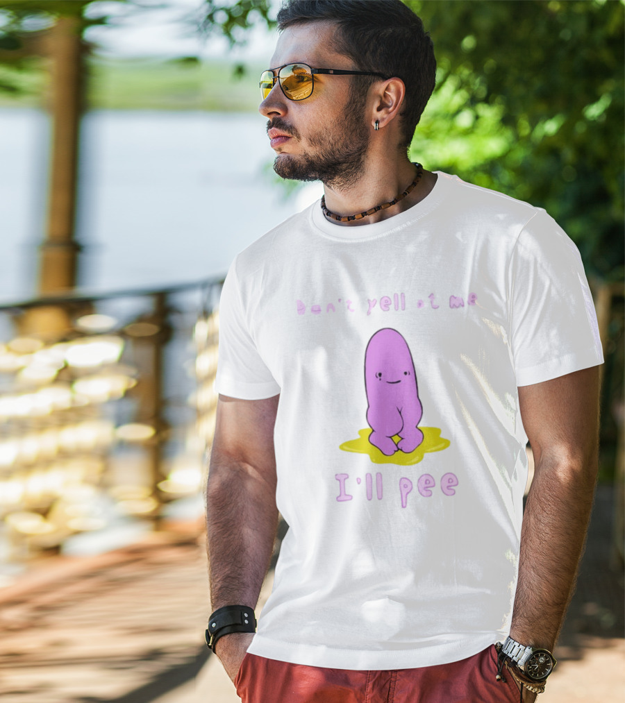 Don't Yell At Me I'll Pee Cute Purple Character Sitting On Yellow Puddle T-Shirt
