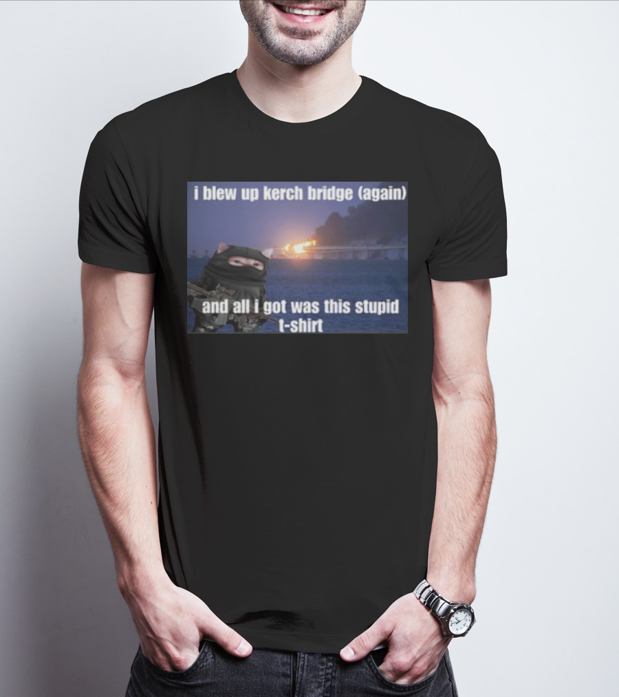 I Blew Up Kerch Bridge Again All I Got Was This Stupid T-Shirt Cat Soldier Explosion T-Shirt
