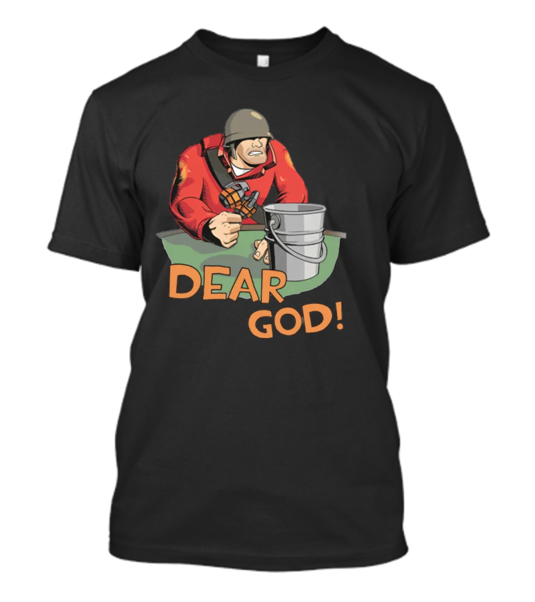 Team Fortress 2 Soldier Red Outfit With Grenade And Bucket Dear God T-Shirt
