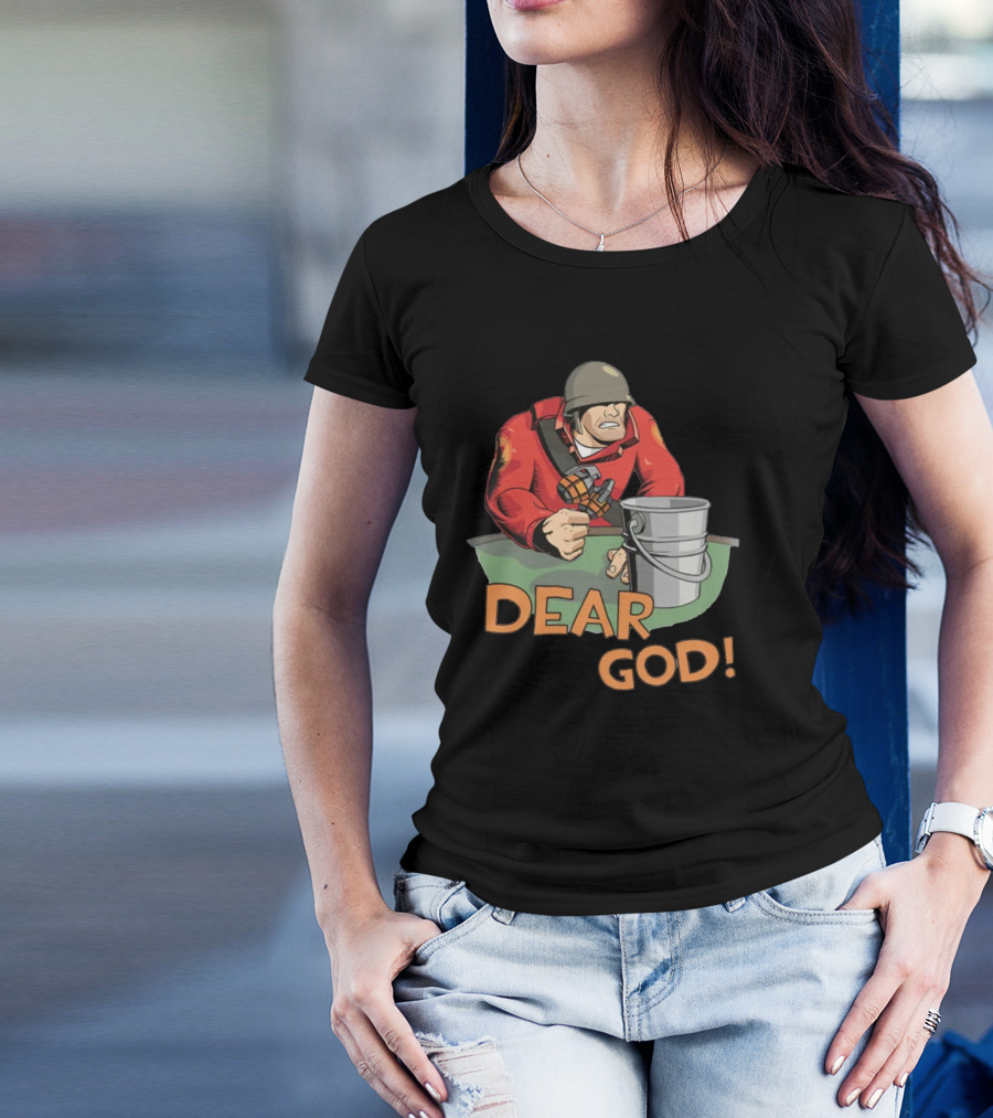 Team Fortress 2 Soldier Red Outfit With Grenade And Bucket Dear God T-Shirt