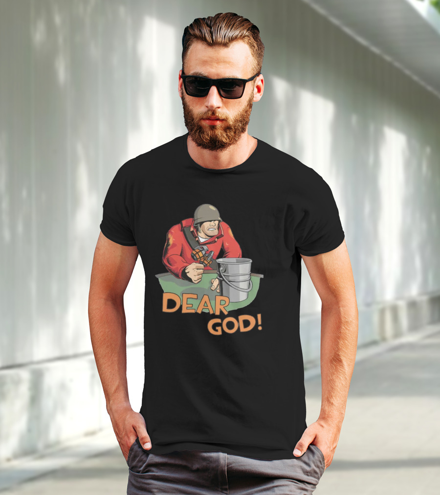 Team Fortress 2 Soldier Red Outfit With Grenade And Bucket Dear God T-Shirt