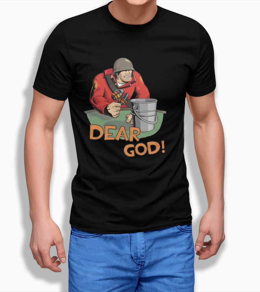 Team Fortress 2 Soldier Red Outfit With Grenade And Bucket Dear God T-Shirt