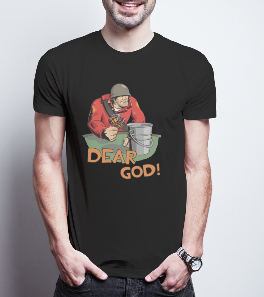 Team Fortress 2 Soldier Red Outfit With Grenade And Bucket Dear God T-Shirt