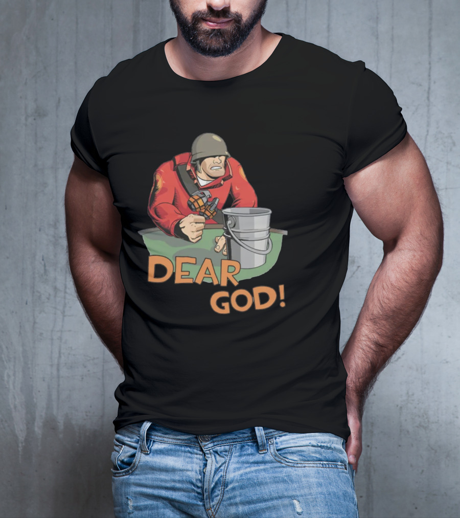Team Fortress 2 Soldier Red Outfit With Grenade And Bucket Dear God T-Shirt