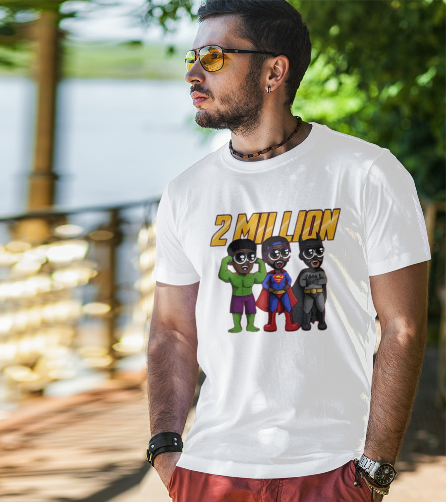 2 Million Superhero Celebration With Hulk Superman And Batman Characters T-Shirt
