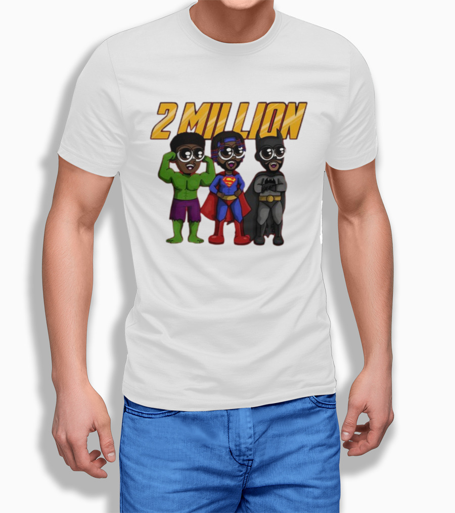 2 Million Superhero Celebration With Hulk Superman And Batman Characters T-Shirt
