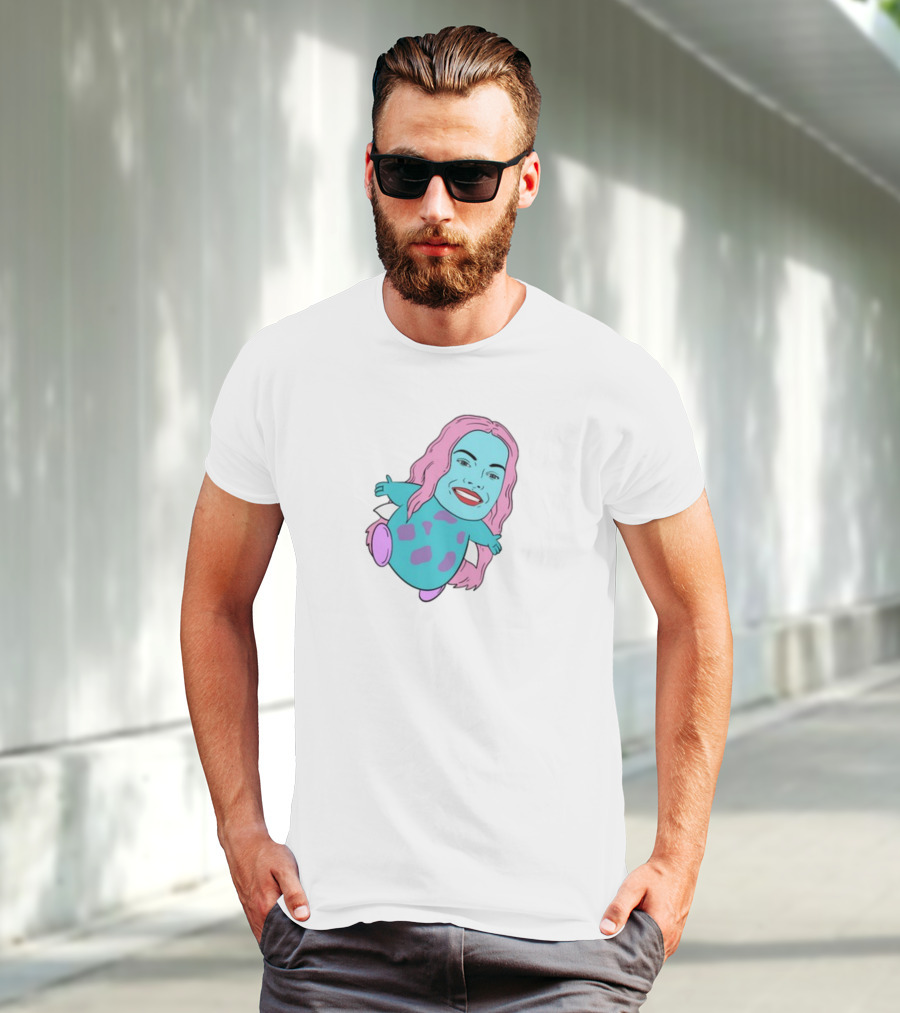Margot X Bibble Fusion Cartoon Character With Pink Hair And Smiling Face On Blue Creature Body T-Shirt