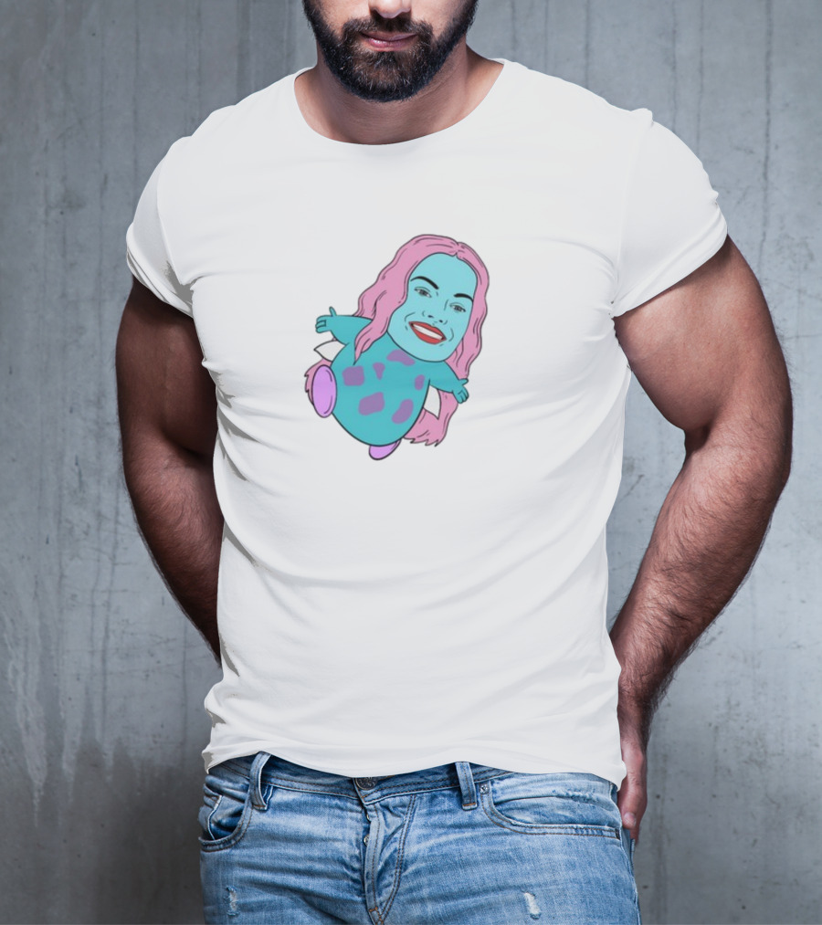 Margot X Bibble Fusion Cartoon Character With Pink Hair And Smiling Face On Blue Creature Body T-Shirt