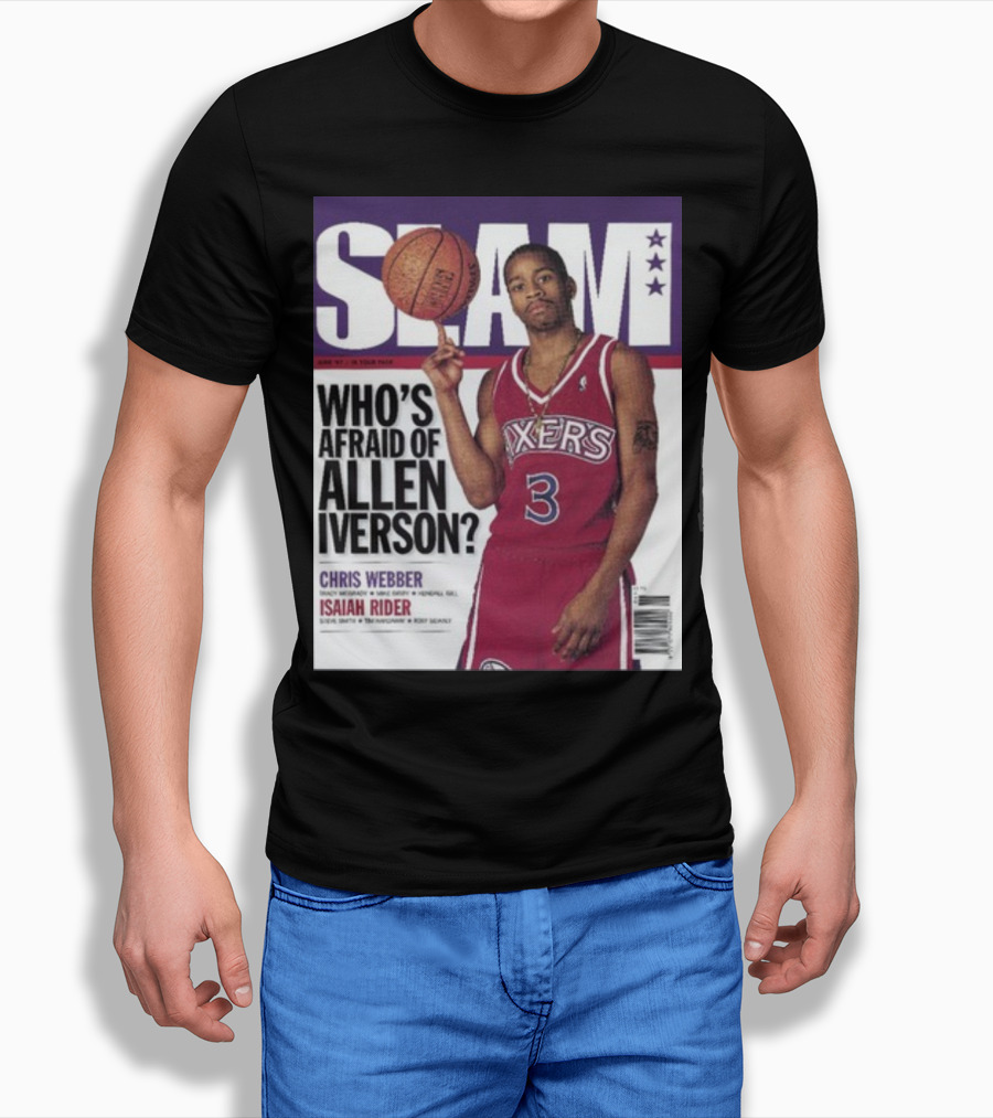 Slam Magazine Cover: Allen Iverson In Sixers Jersey With Who's Afraid Of Allen Iverson Headline T-Shirt