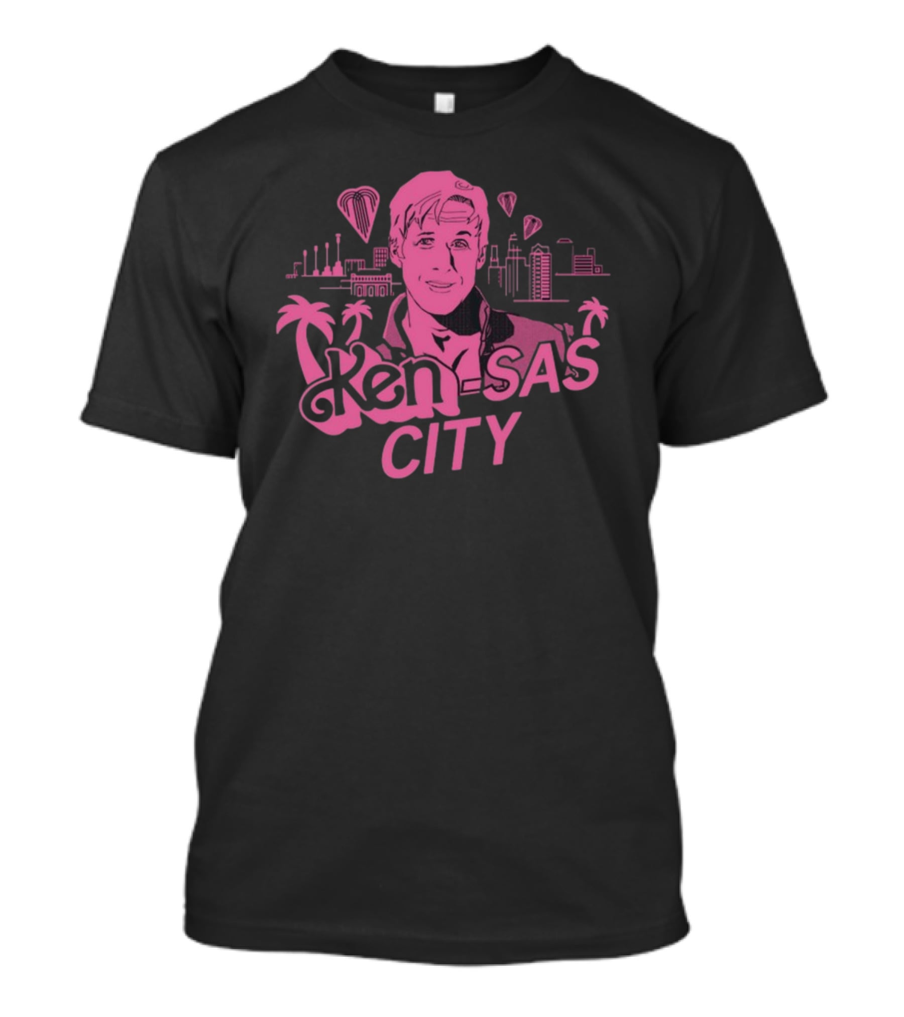 Ken-Sas City Pink Palm Skyline And Heart Balloons T-Shirt