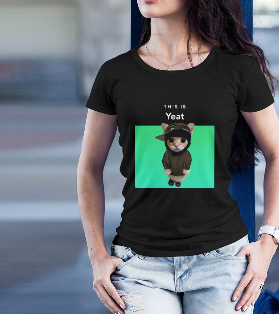 Yeat Cat Wearing Hoodie And Cap On Green Background T-Shirt