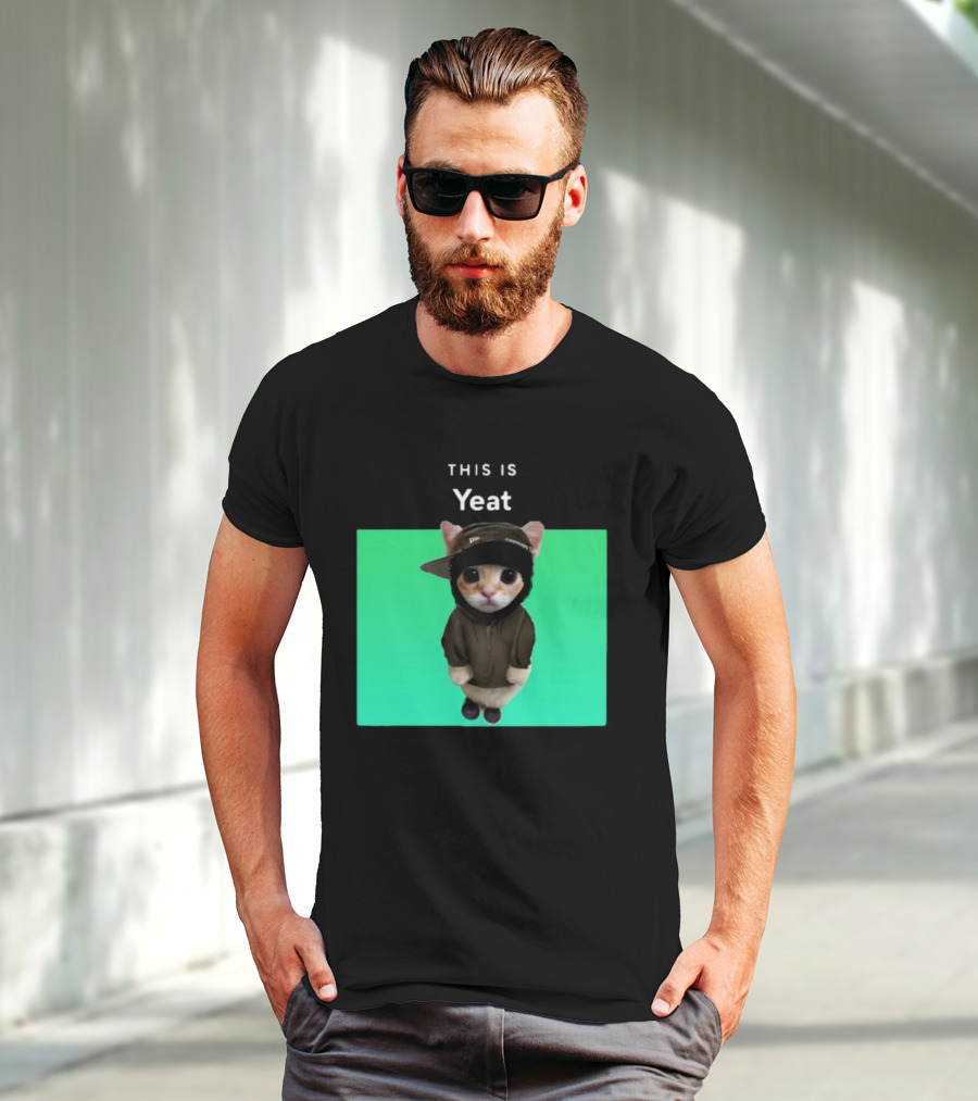 Yeat Cat Wearing Hoodie And Cap On Green Background T-Shirt