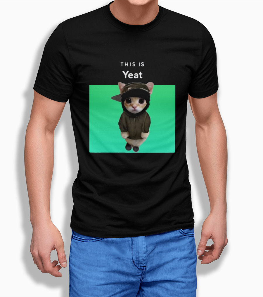 Yeat Cat Wearing Hoodie And Cap On Green Background T-Shirt