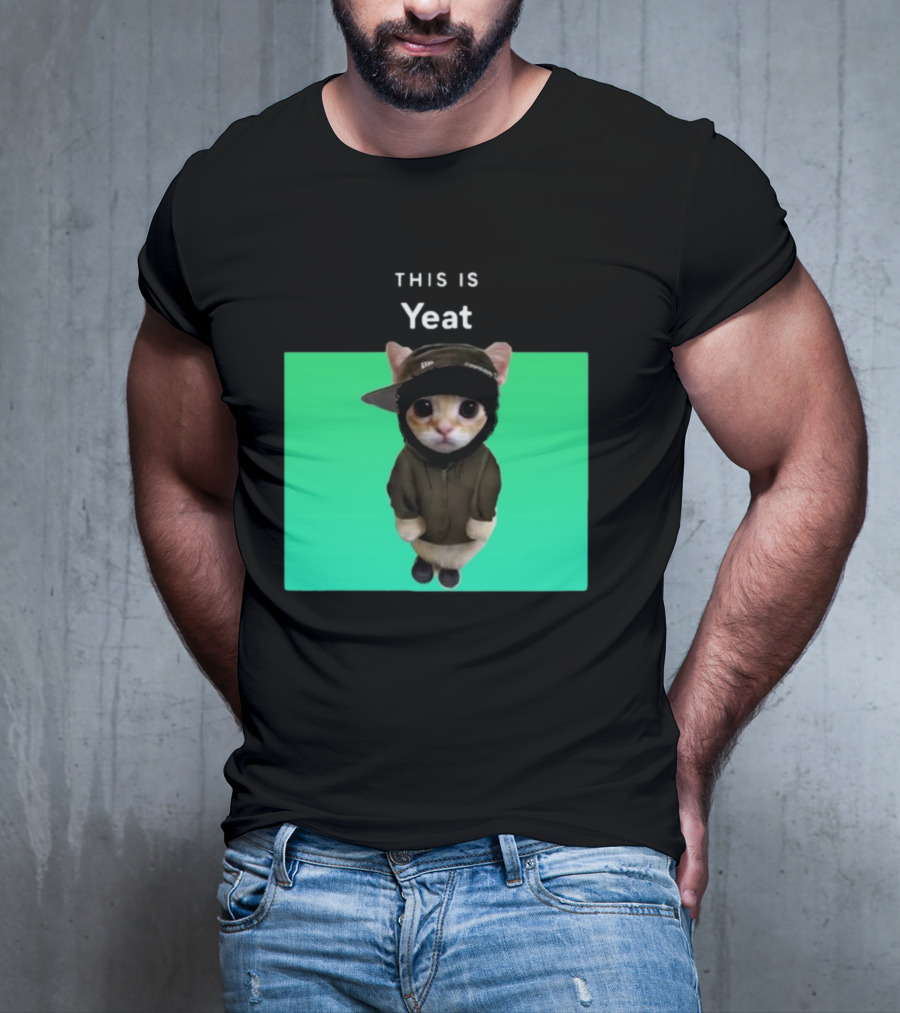 Yeat Cat Wearing Hoodie And Cap On Green Background T-Shirt