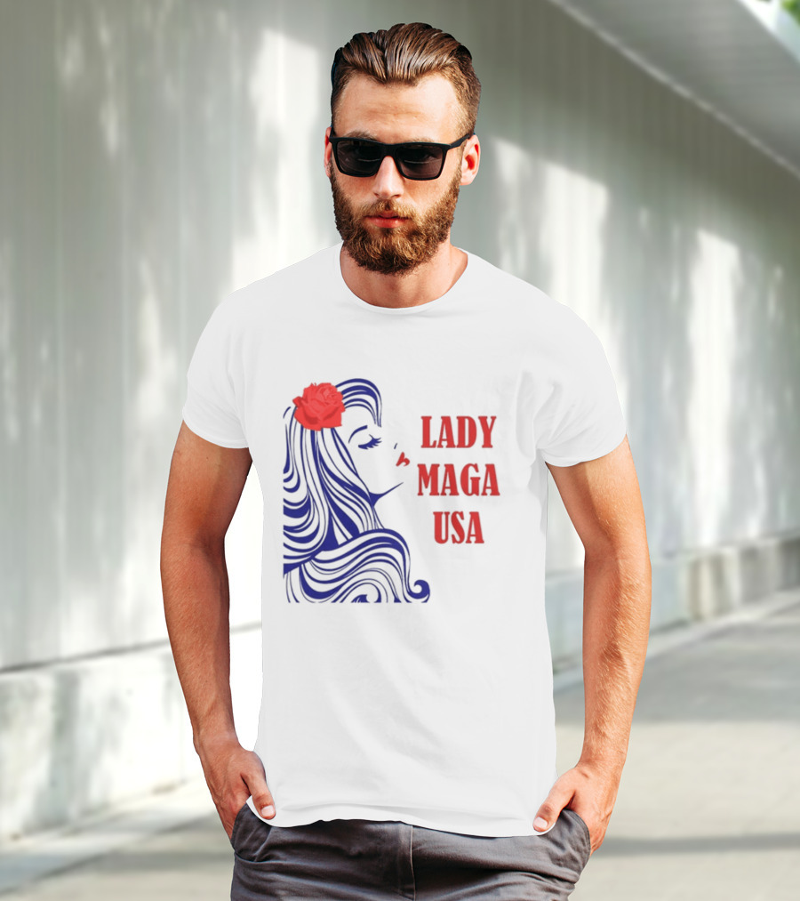 Lady Maga USA Bold Red And Blue Portrait With Rose T-Shirt