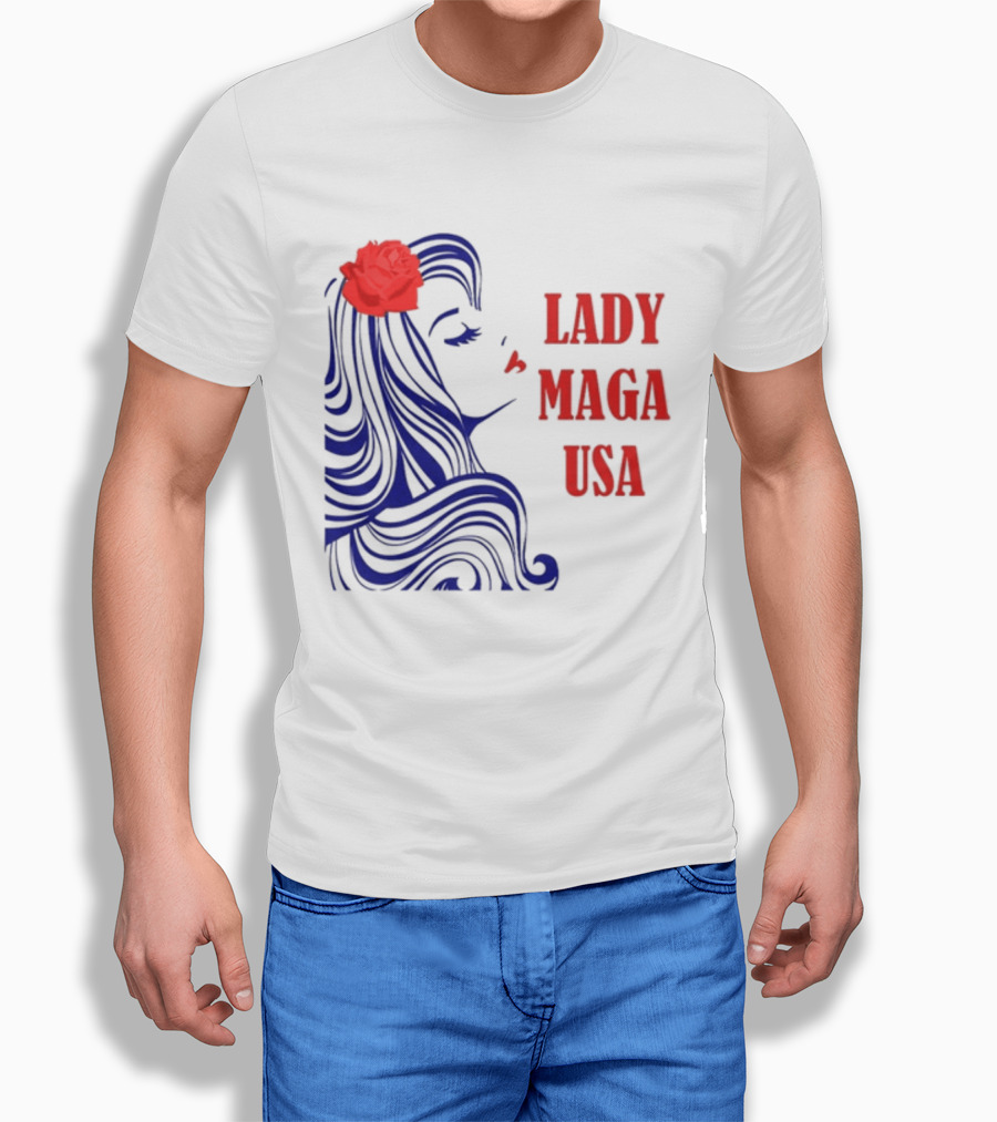 Lady Maga USA Bold Red And Blue Portrait With Rose T-Shirt