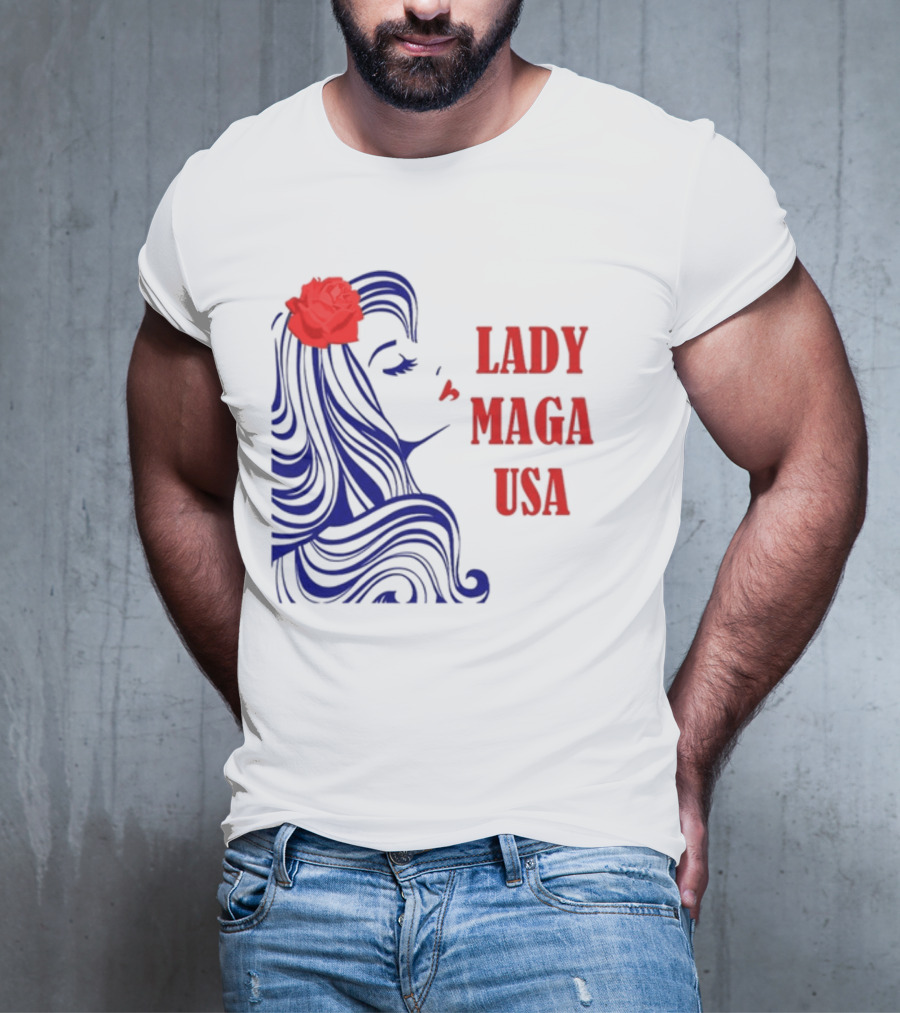 Lady Maga USA Bold Red And Blue Portrait With Rose T-Shirt