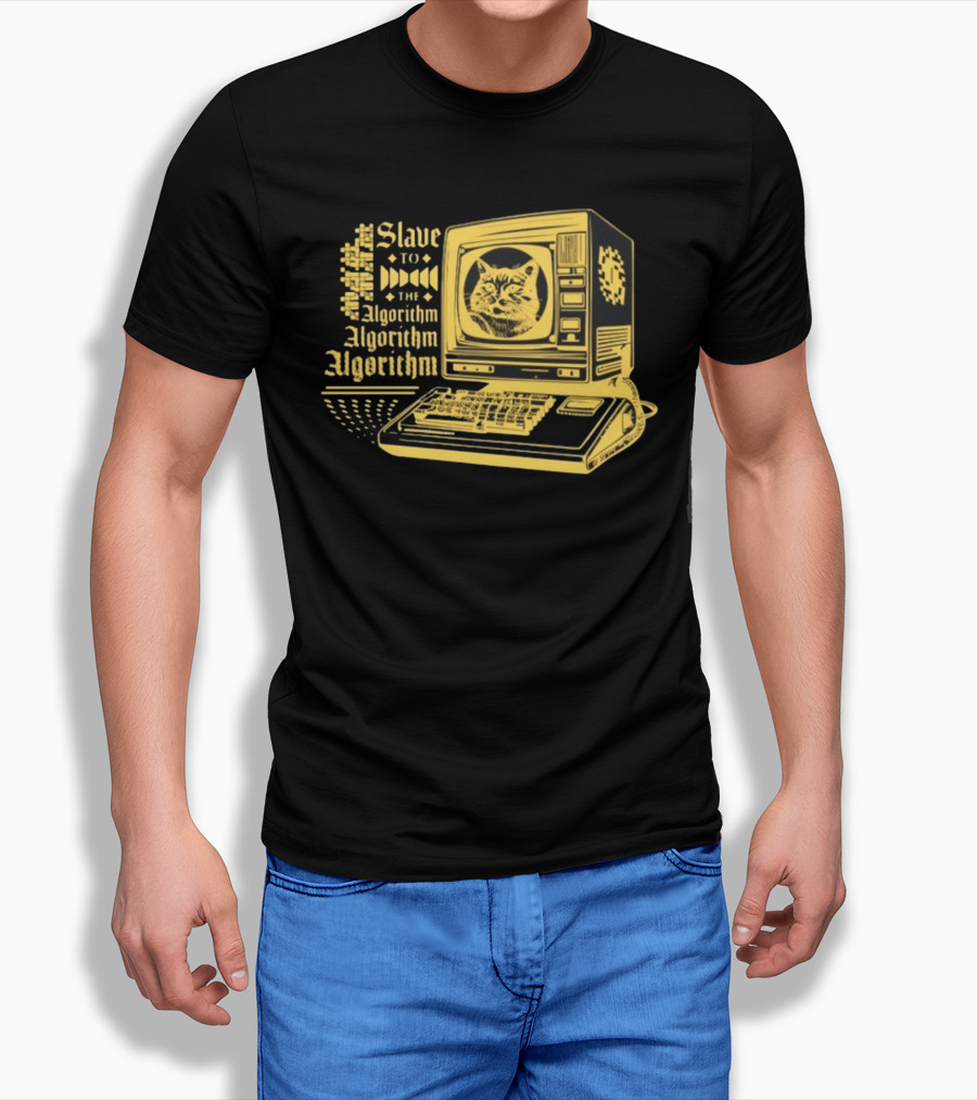Freddytylerpaul Slave To The Algorithm Retro Computer Cat T-Shirt