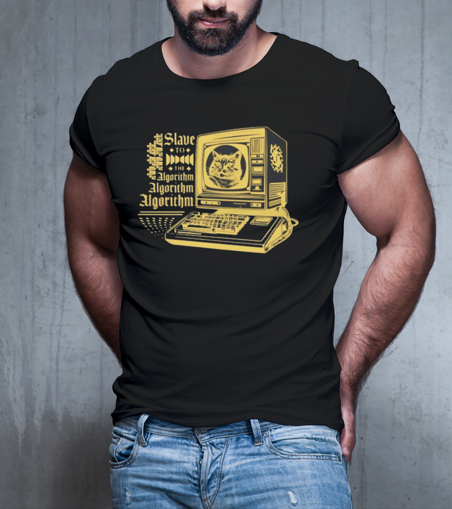 Freddytylerpaul Slave To The Algorithm Retro Computer Cat T-Shirt