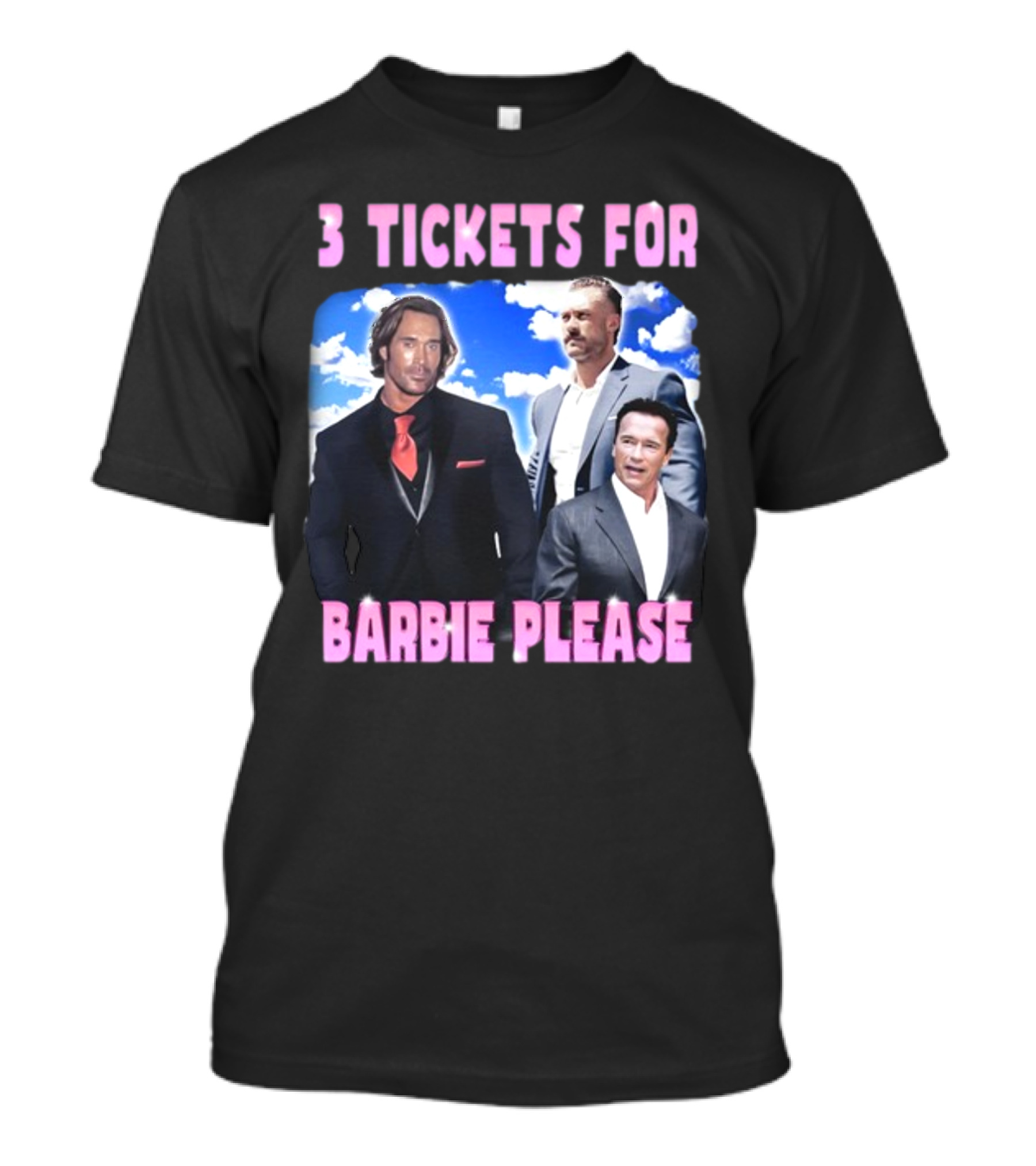 Memeabletees 3 Tickets For Barbie Please With Three Men In Suits T-Shirt