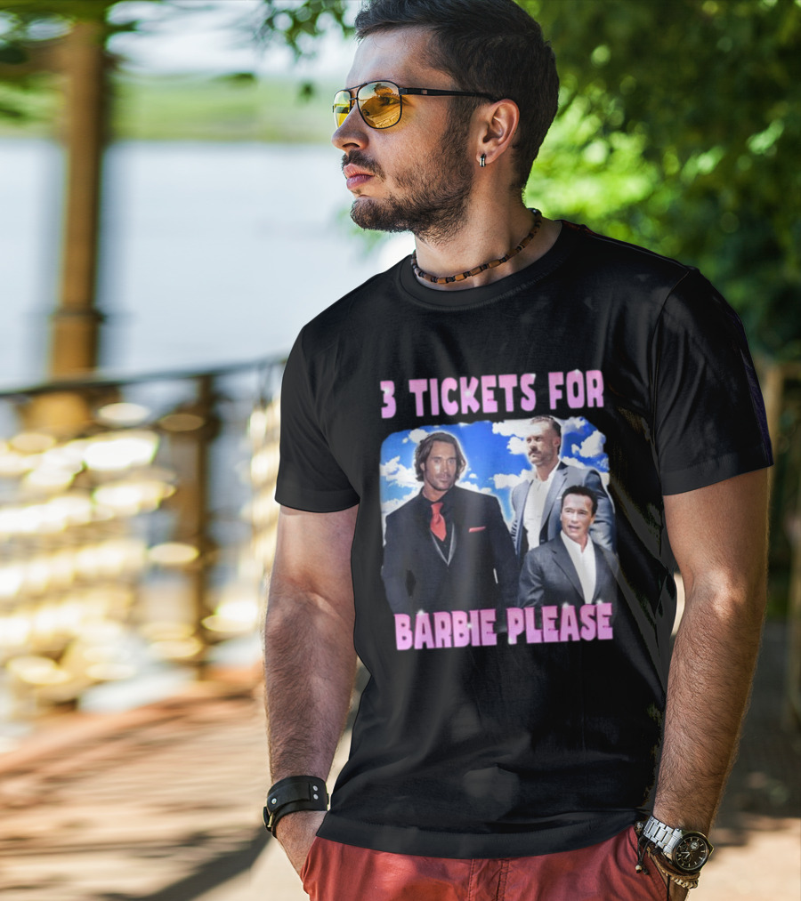 Memeabletees 3 Tickets For Barbie Please With Three Men In Suits T-Shirt