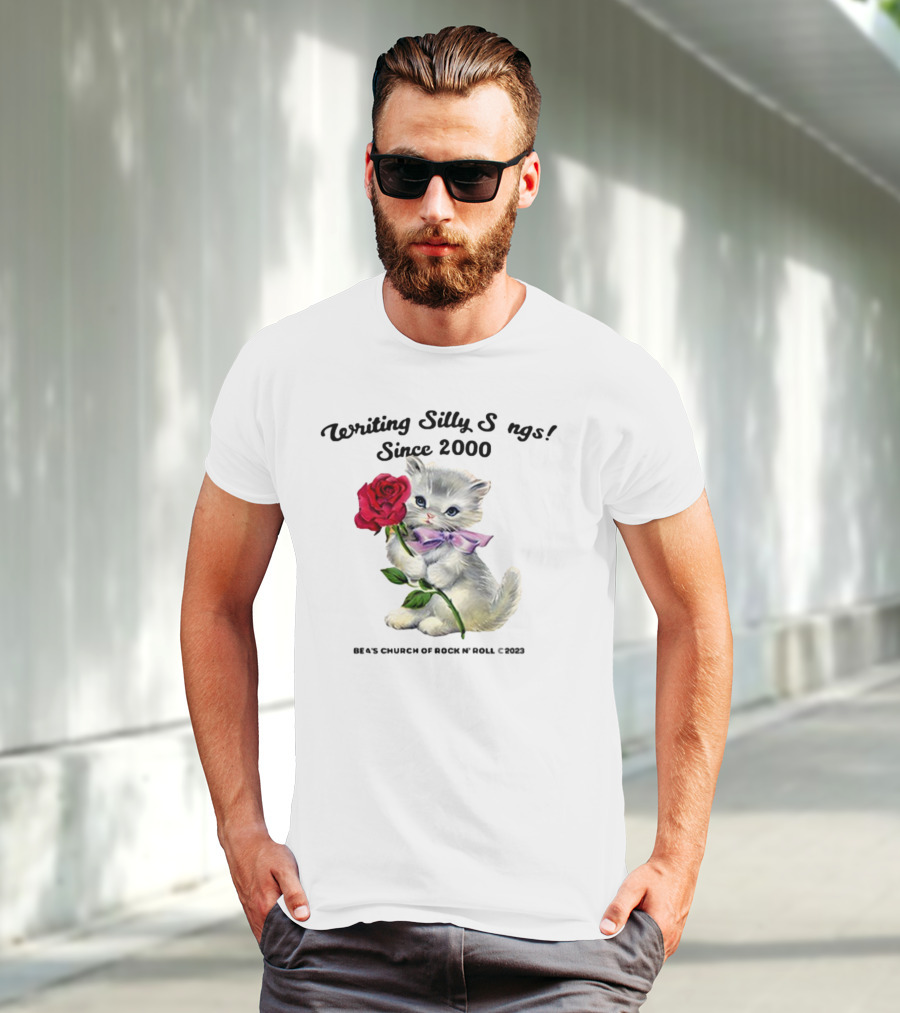 Writing Silly Songs Since 2000 Cute Kitten With Red Rose And Pink Bow T-Shirt