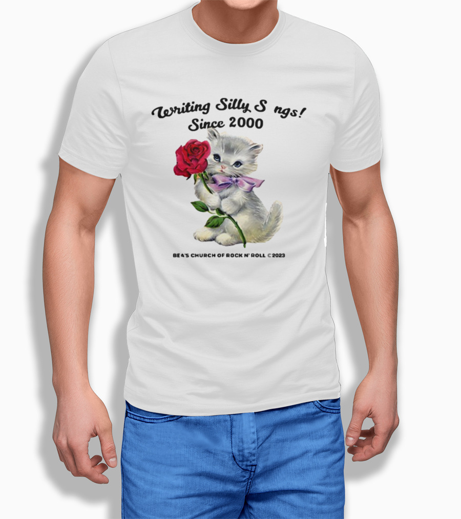 Writing Silly Songs Since 2000 Cute Kitten With Red Rose And Pink Bow T-Shirt