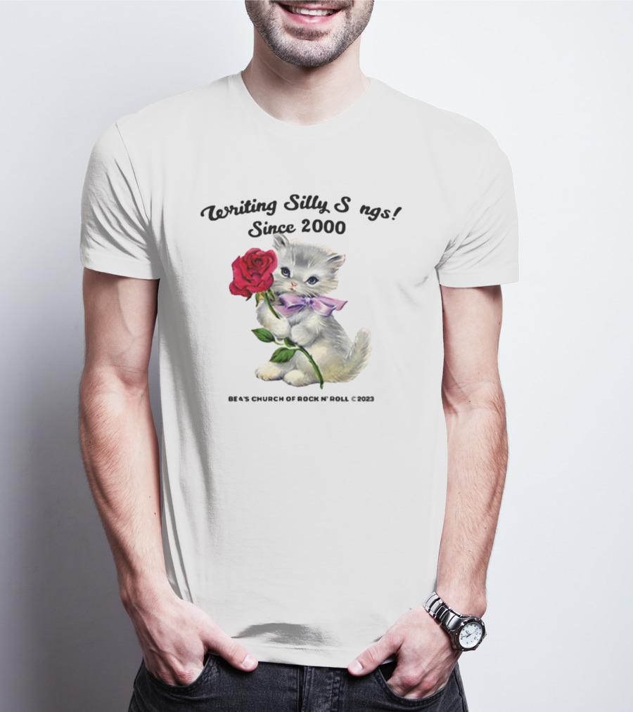 Writing Silly Songs Since 2000 Cute Kitten With Red Rose And Pink Bow T-Shirt