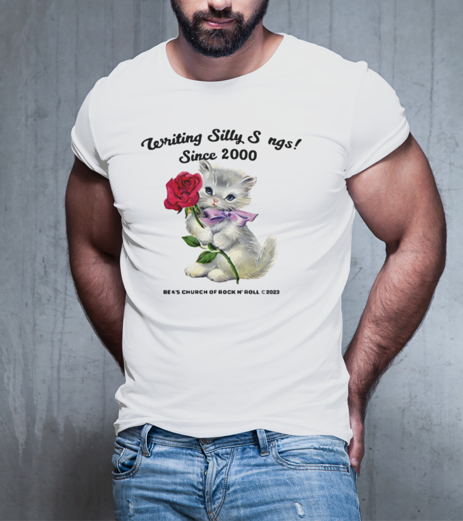 Writing Silly Songs Since 2000 Cute Kitten With Red Rose And Pink Bow T-Shirt