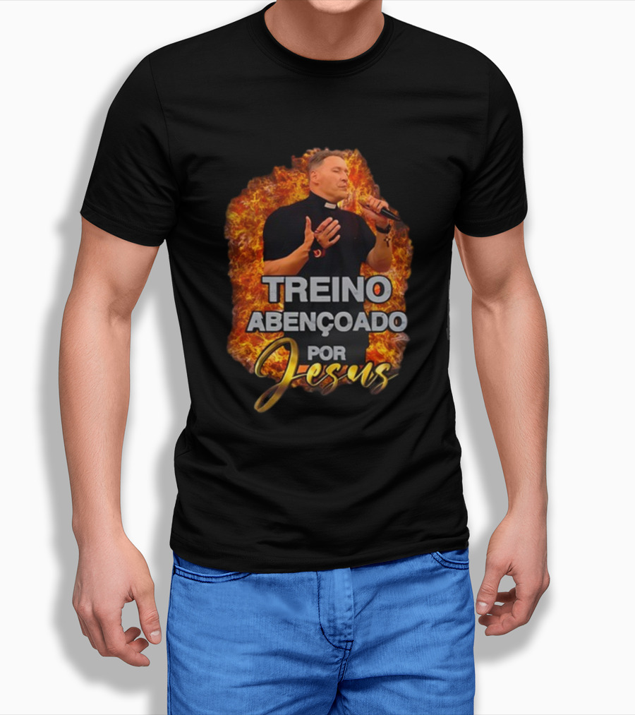 Treino Abençoado Por Jesus With Fiery Background And Clergyman T-Shirt