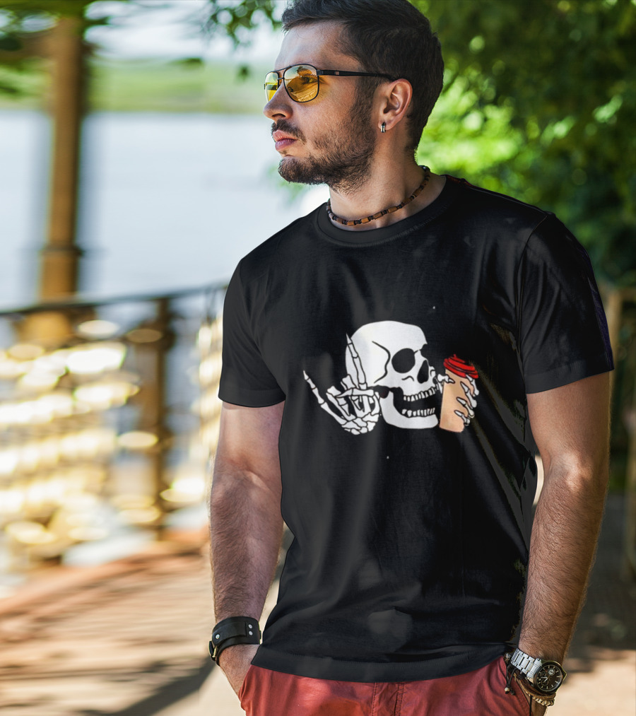 Dead Inside But Alive In Christ Skeleton With Coffee Cup T-Shirt