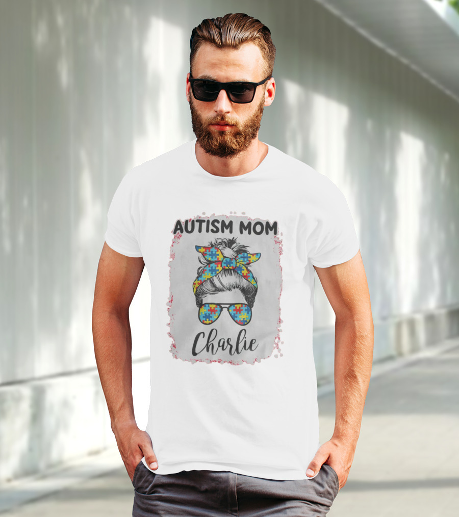 Autism Mom Charlie Puzzle Pattern Messy Bun Hair T-Shirt