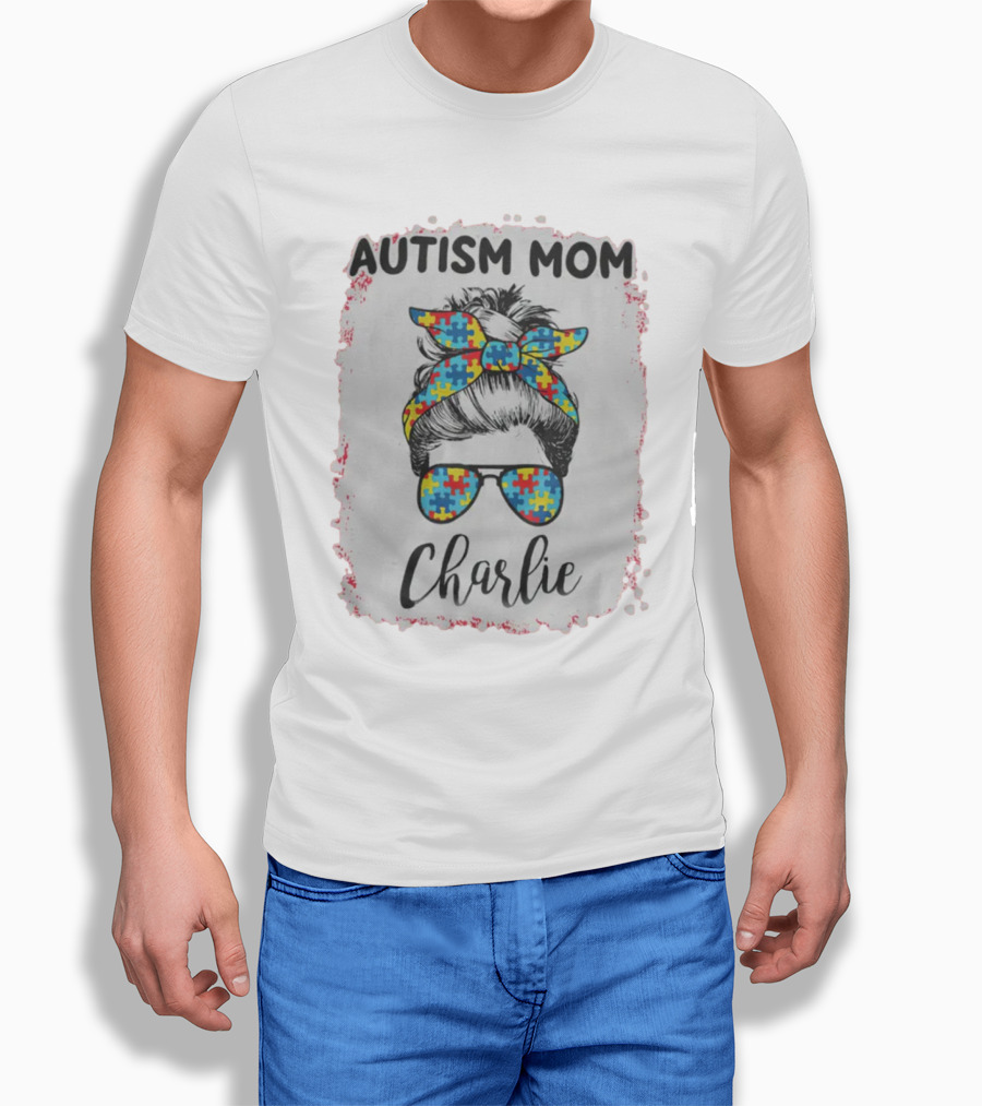 Autism Mom Charlie Puzzle Pattern Messy Bun Hair T-Shirt