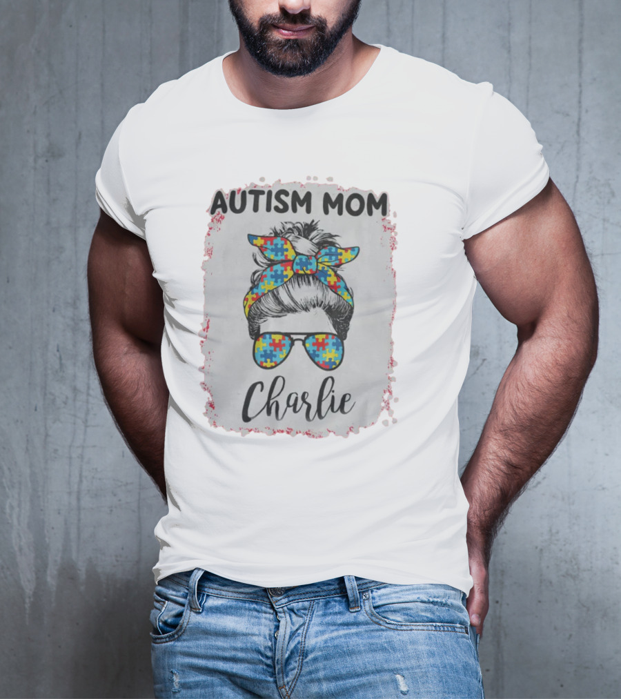 Autism Mom Charlie Puzzle Pattern Messy Bun Hair T-Shirt