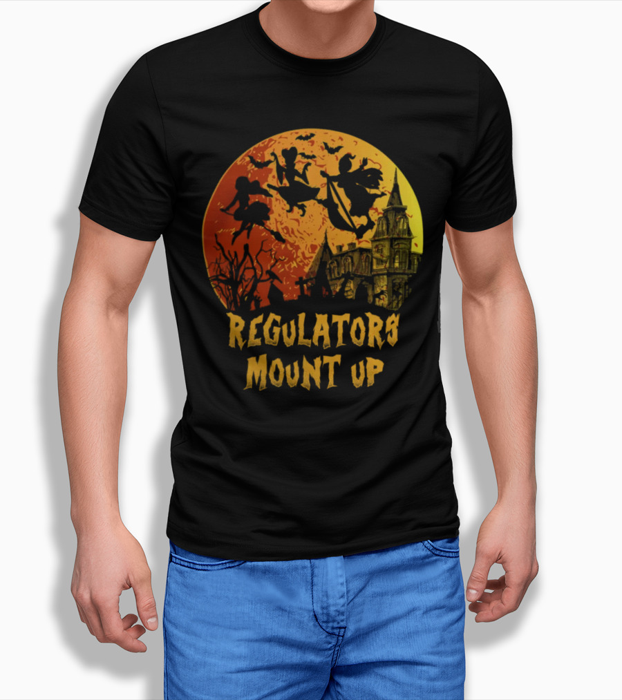 Regulators Mount Up Halloween Witches Flying Past Haunted House T-Shirt
