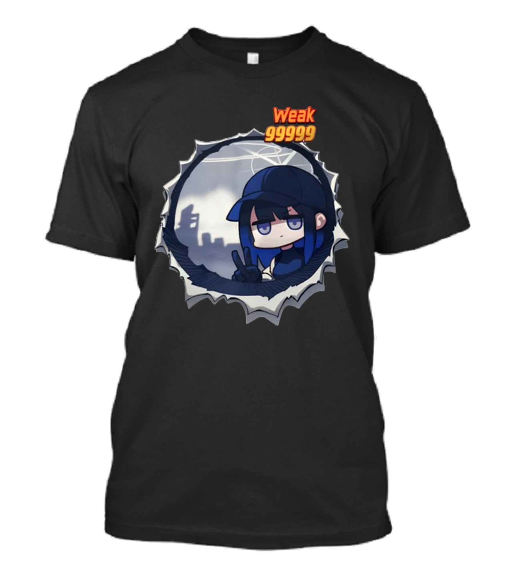 Weak 99999 Manga Character Peering Through Circular Portal T-Shirt