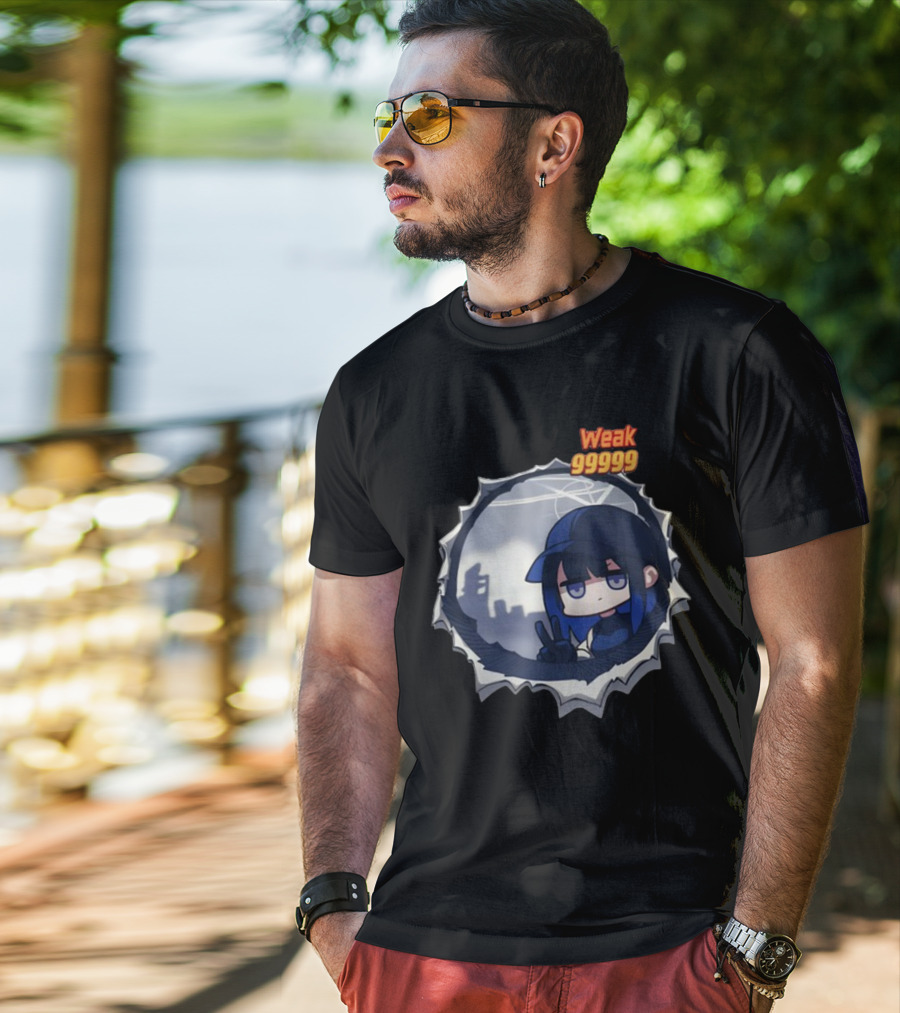 Weak 99999 Manga Character Peering Through Circular Portal T-Shirt