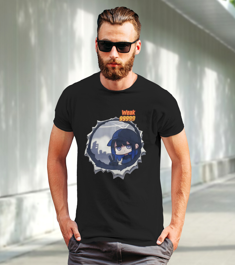Weak 99999 Manga Character Peering Through Circular Portal T-Shirt