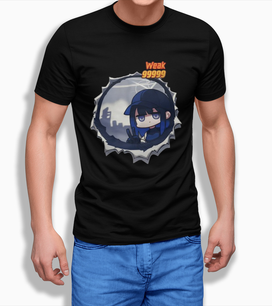 Weak 99999 Manga Character Peering Through Circular Portal T-Shirt