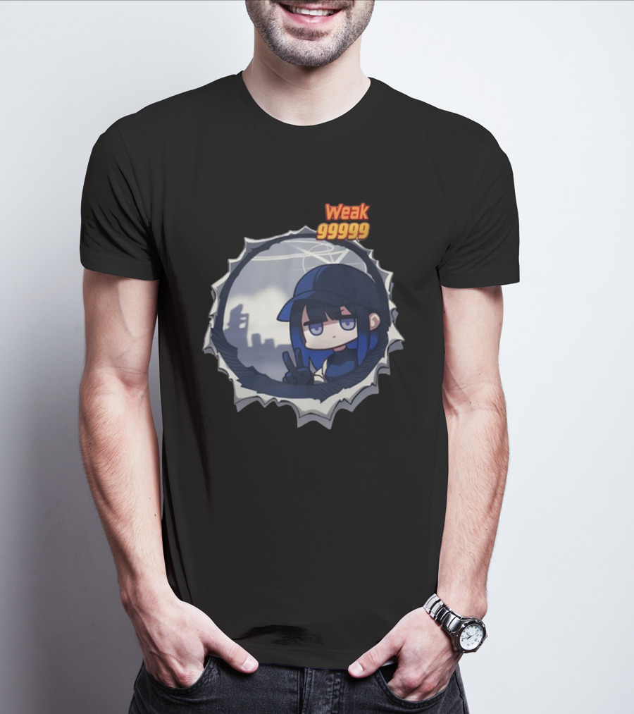 Weak 99999 Manga Character Peering Through Circular Portal T-Shirt
