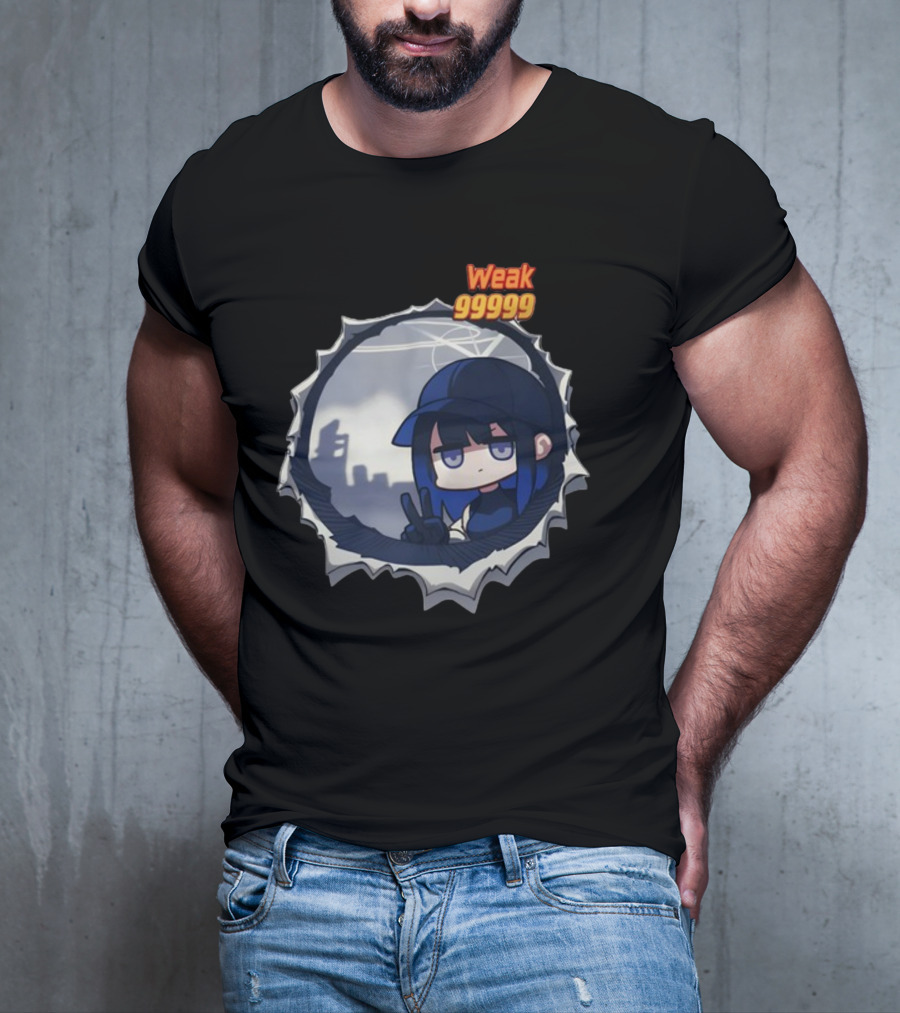 Weak 99999 Manga Character Peering Through Circular Portal T-Shirt