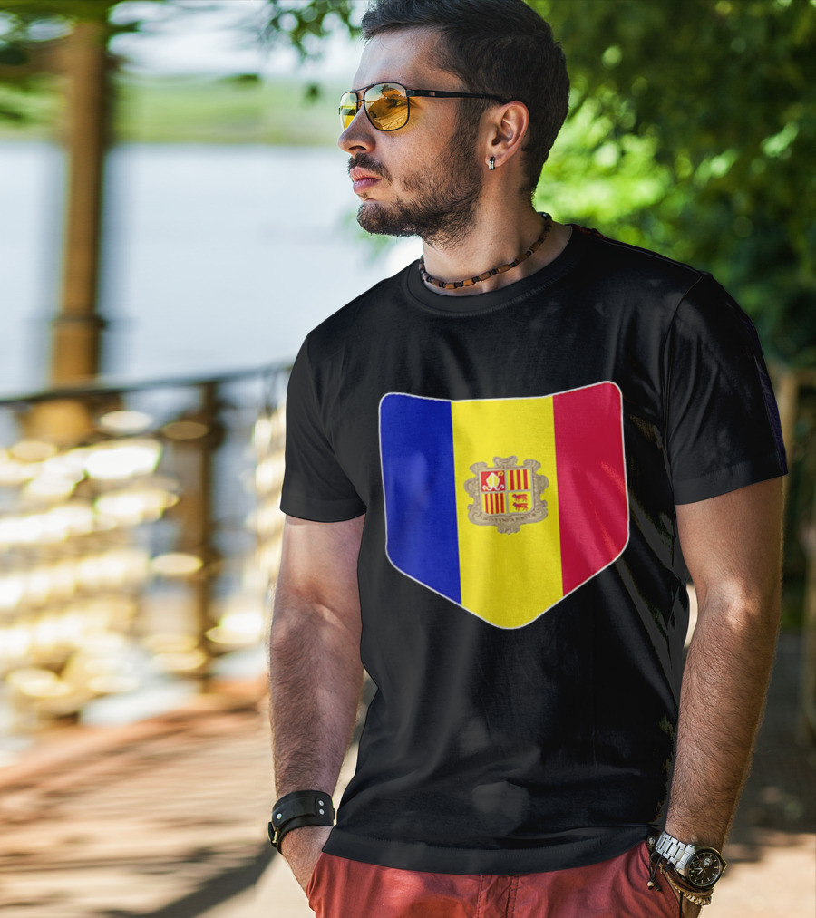 Andorra Flag Pocket Print Andorran Colors Crest Emblem T-Shirt